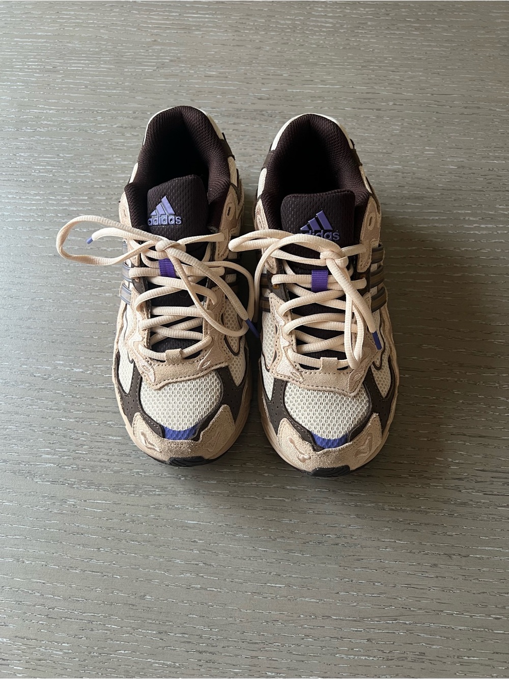 Adidas boys Beige and Brown Athletic Sneakers with Purple Accents
